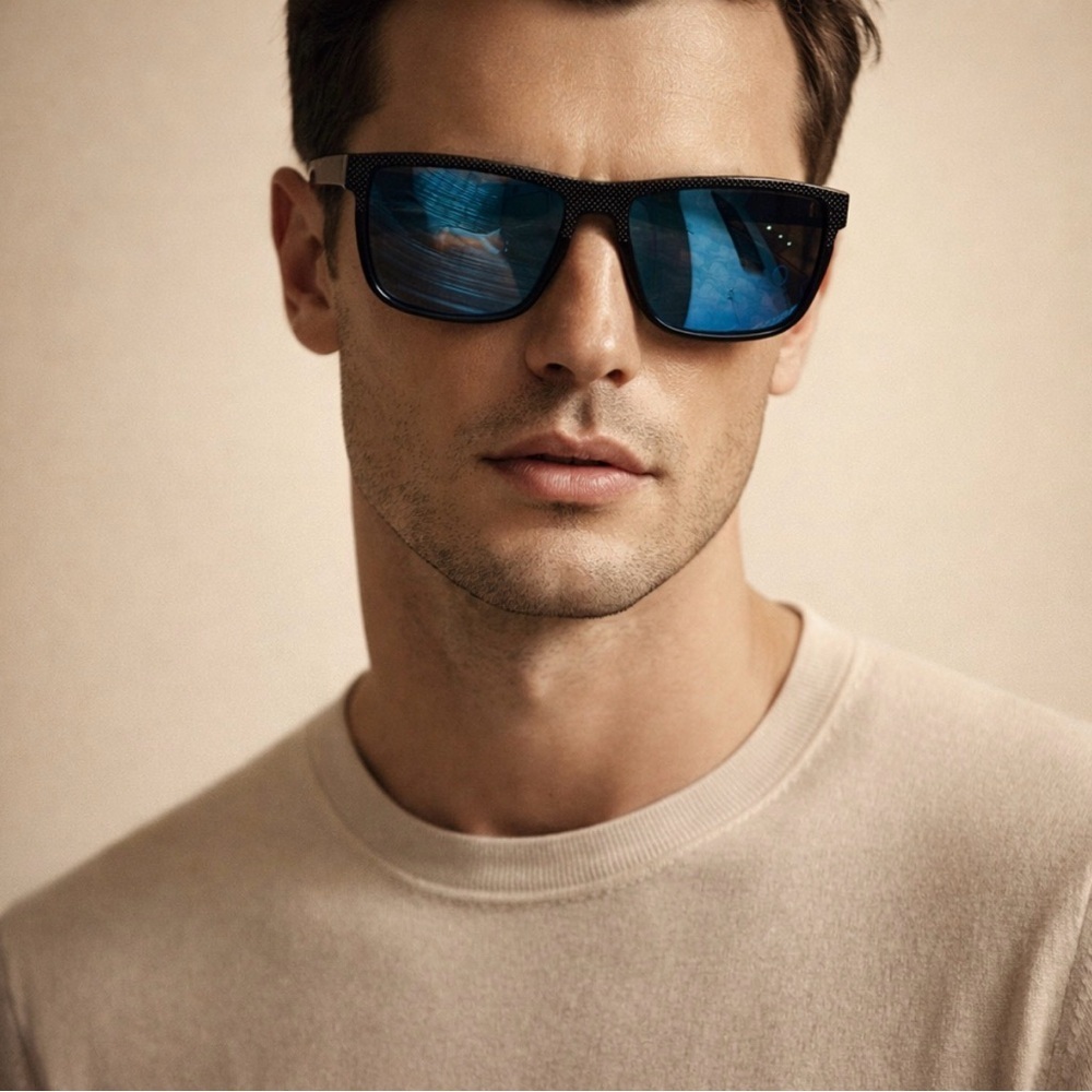 See A Better World Black Sunglasses with Blue Mirrored Lenses Modern Designer